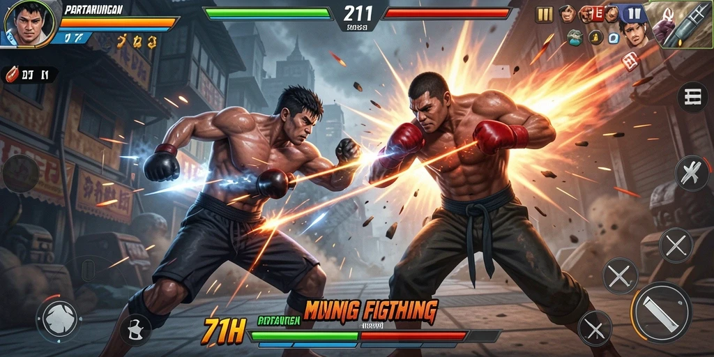 Tangkapan layar permainan <strong>71H</strong> menunjukkan pertarungan intens dengan karakter yang sedang bertarung.