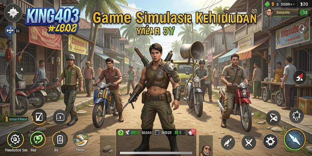 Screenshot gameplay KING403 yang menampilkan dunia simulasi yang kaya dan interaktif.